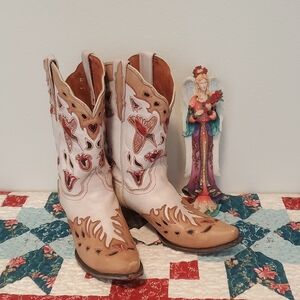 Dan Post Hummingbird Leather Western Boots Size 9 Intricate Cutouts Embroidered